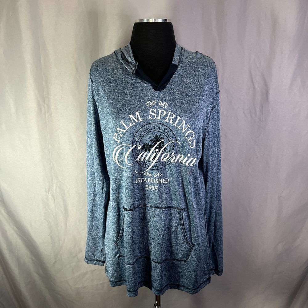 Teemax Hoodie Womens XL Heathered Blue Palm Springs California Print Quick Dry